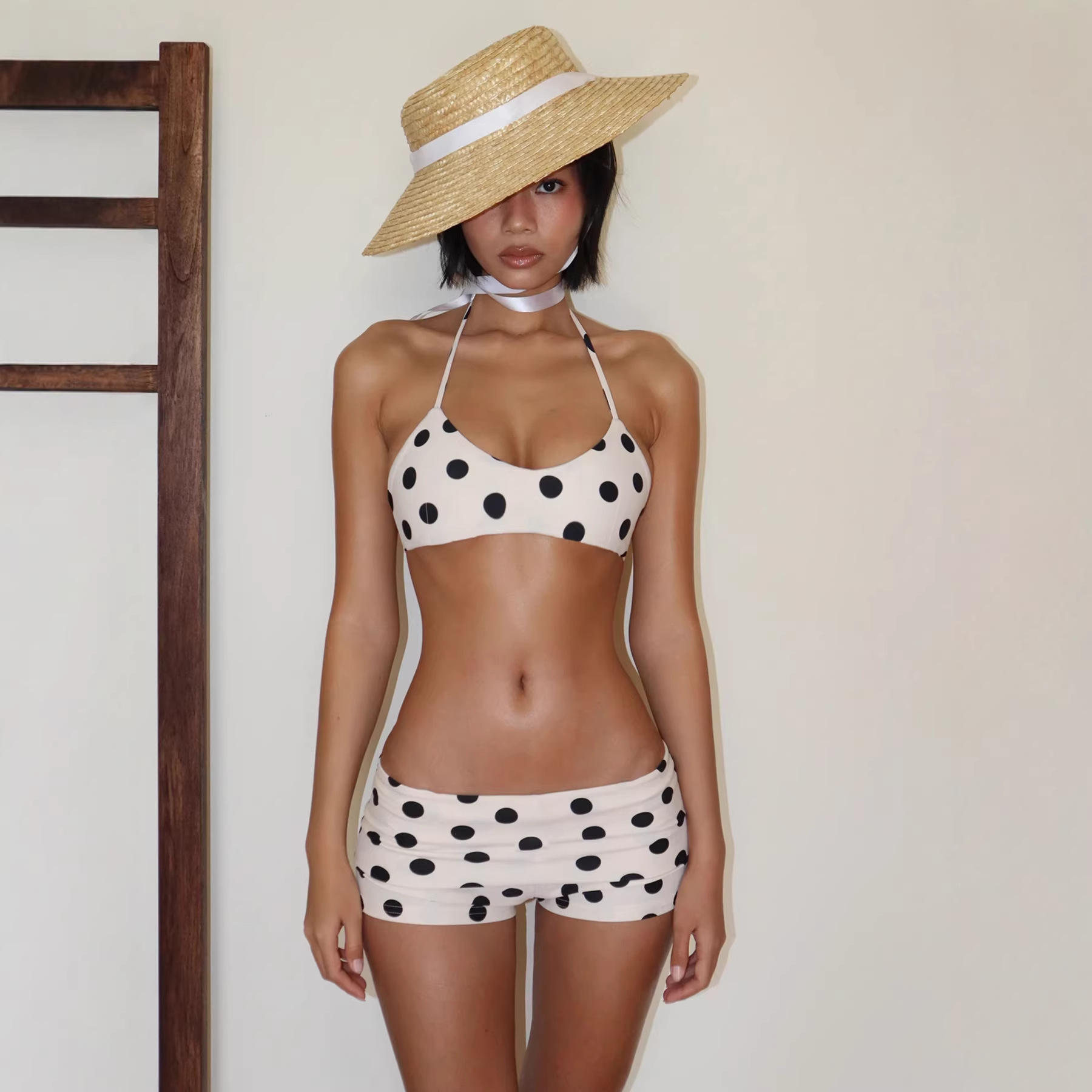 Classic Black & White Polka Dot Halter Swimwear Set with Short Bottom