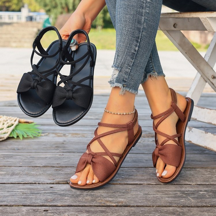 Women's Black Bow Flat Sandals - Elastic Crisscross Strap Summer Shoes