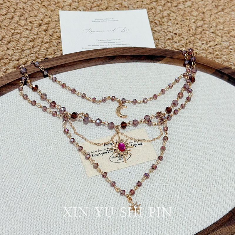 Boho Layered Tassel Necklace with Crystal Beads & Moon Star Pendant