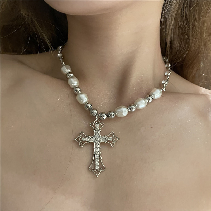 Vintage Pearl & Crystal Cross Necklace – Elegant Statement Chain Jewelry