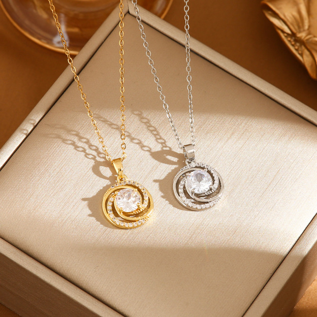 Luxury Halo Crystal Necklace – Double Circle Gold & Silver Pendant