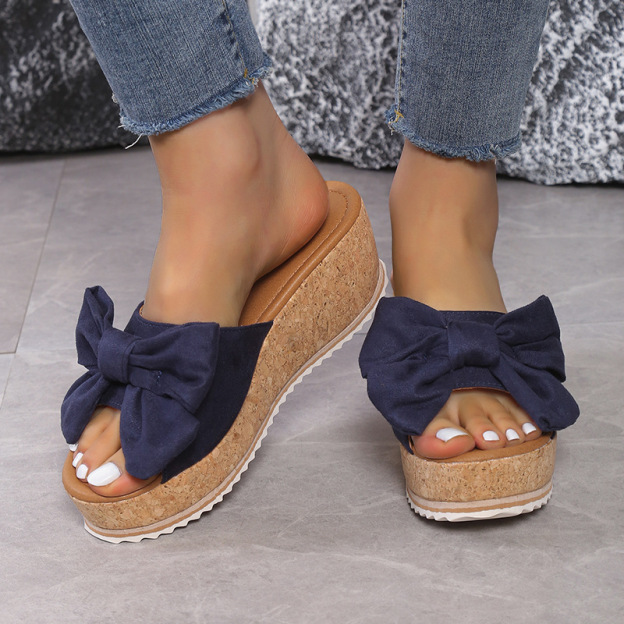 Womens Bow Knot Platform Wedge Sandals – Cork Sole Slip-On Summer Slides