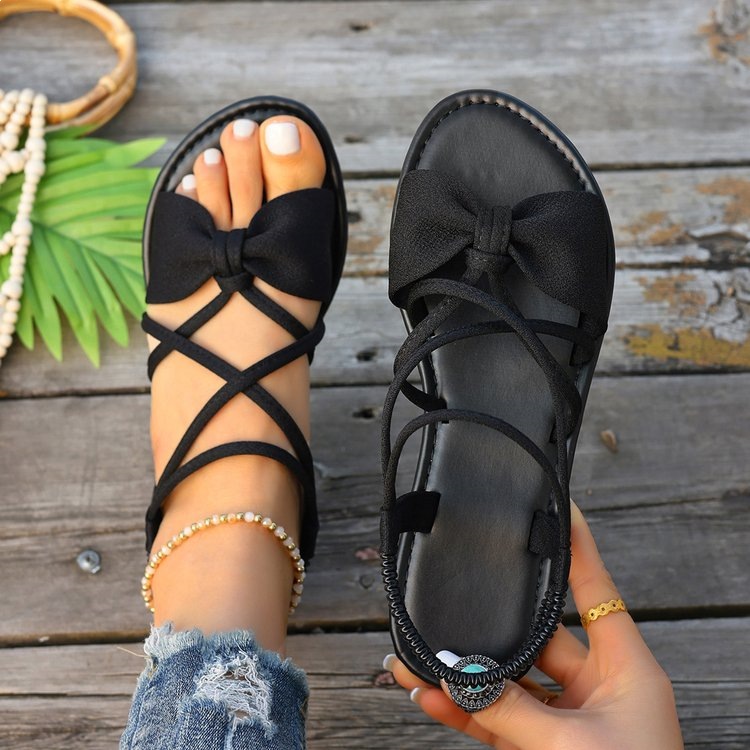 Women's Black Bow Flat Sandals - Elastic Crisscross Strap Summer Shoes