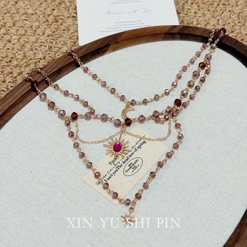 Boho Layered Tassel Necklace with Crystal Beads & Moon Star Pendant