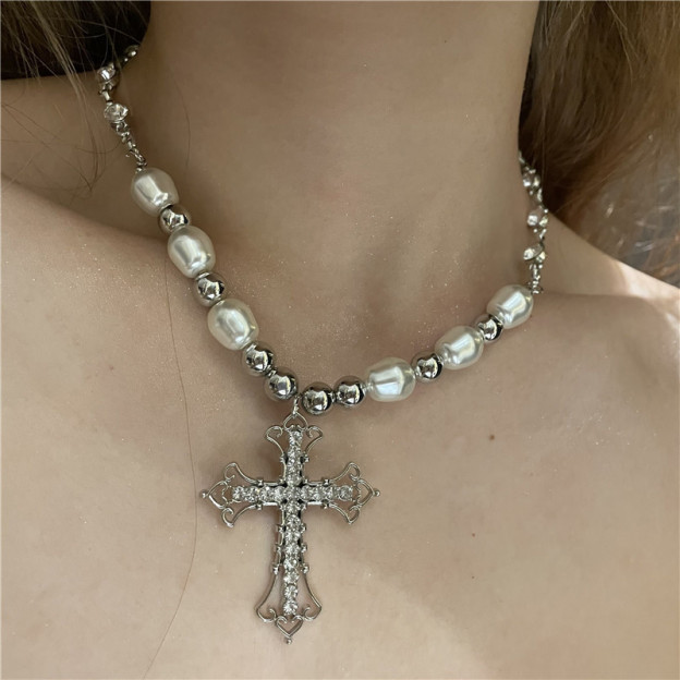 Vintage Pearl & Crystal Cross Necklace – Elegant Statement Chain Jewelry