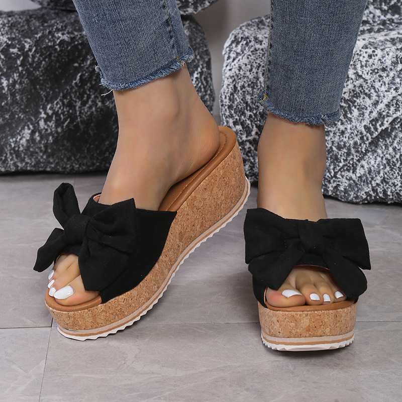 Womens Bow Knot Platform Wedge Sandals – Cork Sole Slip-On Summer Slides
