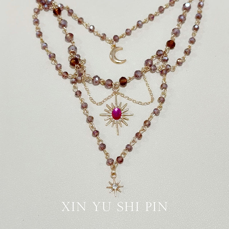 Boho Layered Tassel Necklace with Crystal Beads & Moon Star Pendant