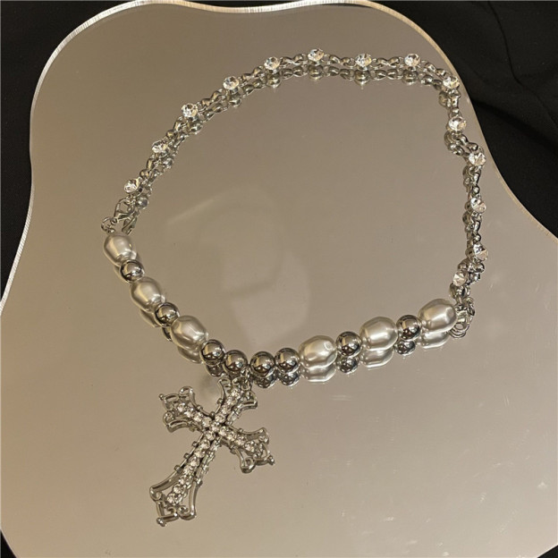 Vintage Pearl & Crystal Cross Necklace – Elegant Statement Chain Jewelry
