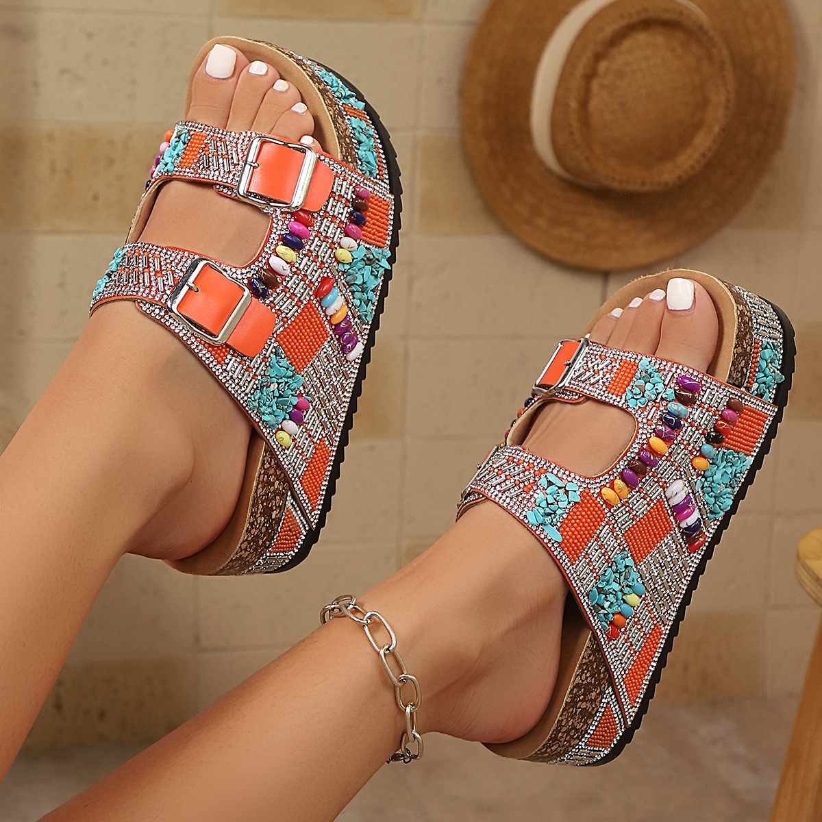 Boho Beaded Platform Sandals – Colorful Buckle Slip-On Summer Slides