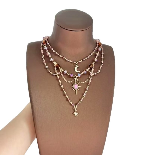 Boho Layered Tassel Necklace with Crystal Beads & Moon Star Pendant