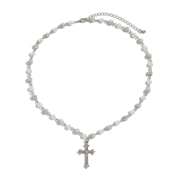 Elegant Pearl Cross Pendant Necklace