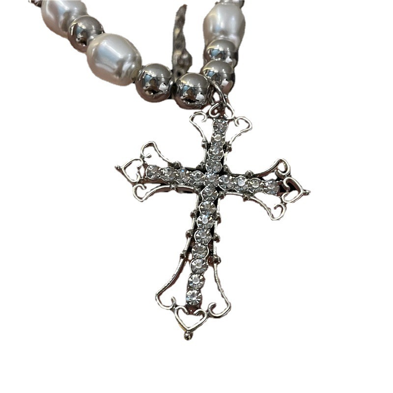 Vintage Pearl & Crystal Cross Necklace – Elegant Statement Chain Jewelry
