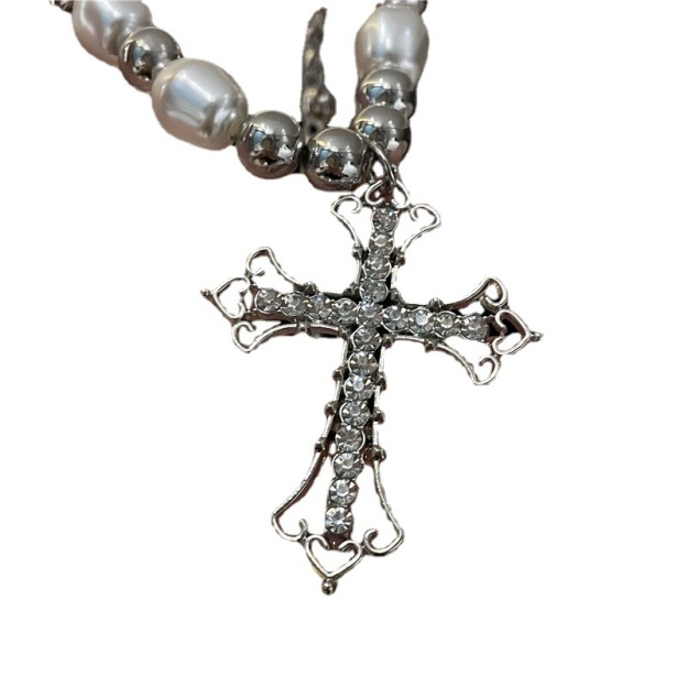 Vintage Pearl & Crystal Cross Necklace – Elegant Statement Chain Jewelry