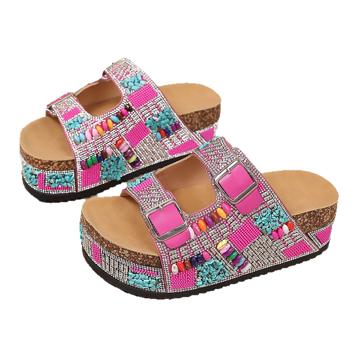 Boho Beaded Platform Sandals – Colorful Buckle Slip-On Summer Slides