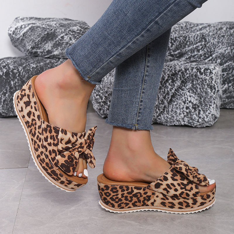 Womens Bow Knot Platform Wedge Sandals – Cork Sole Slip-On Summer Slides