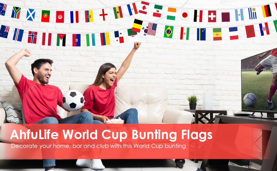 Text reads 'AfuLife World Cup Bunting Flags'. Image shows people watching sports on TV with colorful international flag bunting decoration hanging above.