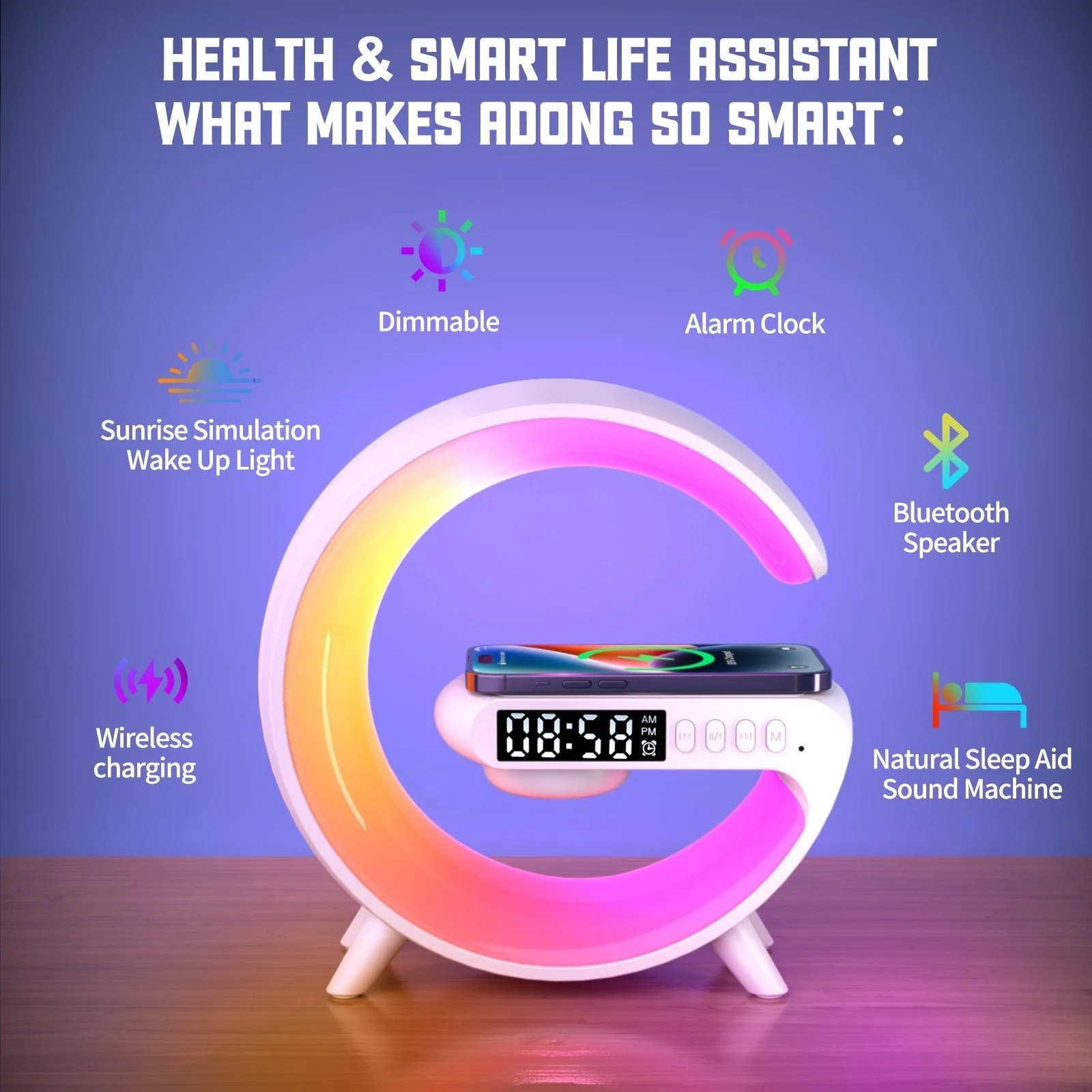 RGB G-Shaped Wireless Charging Alarm Clock Lamp