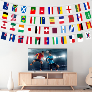 Row of international flags displayed horizontally, showing various national flags in bright colors arranged in a decorative string or banner.