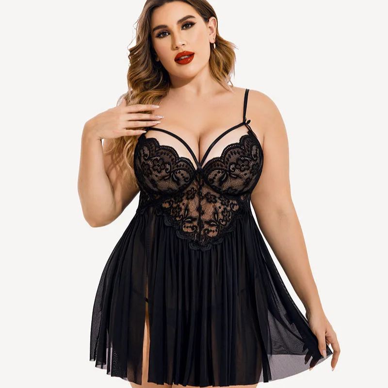 Plus Size Sexy Mesh Babydoll with Side Slit