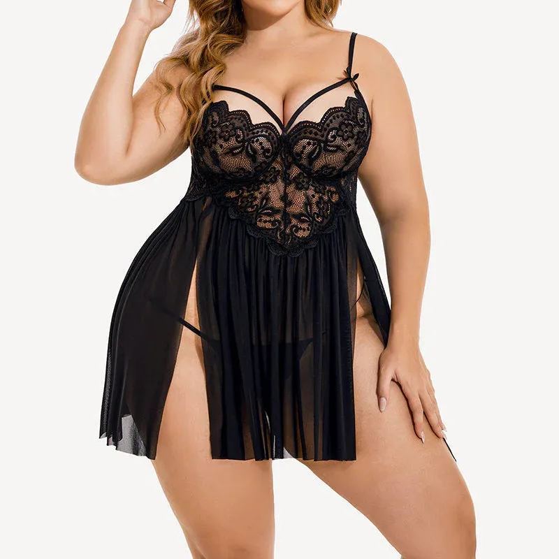 Plus Size Sexy Mesh Babydoll with Side Slit