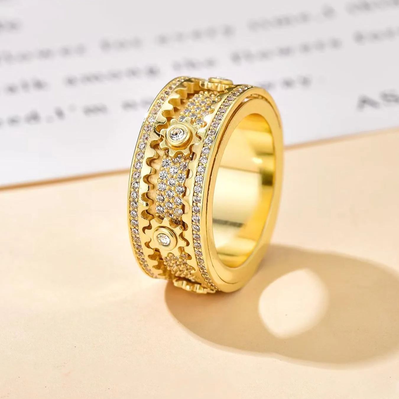 Full CZ Rotating Gear Starry Ring – Luxury Wide Band