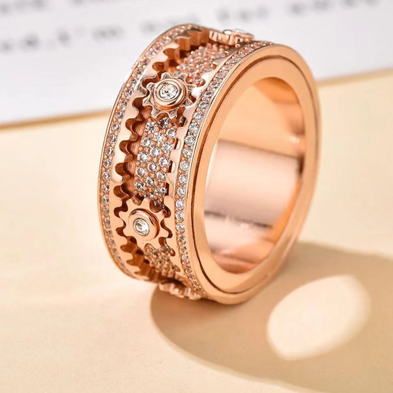Full CZ Rotating Gear Starry Ring – Luxury Wide Band