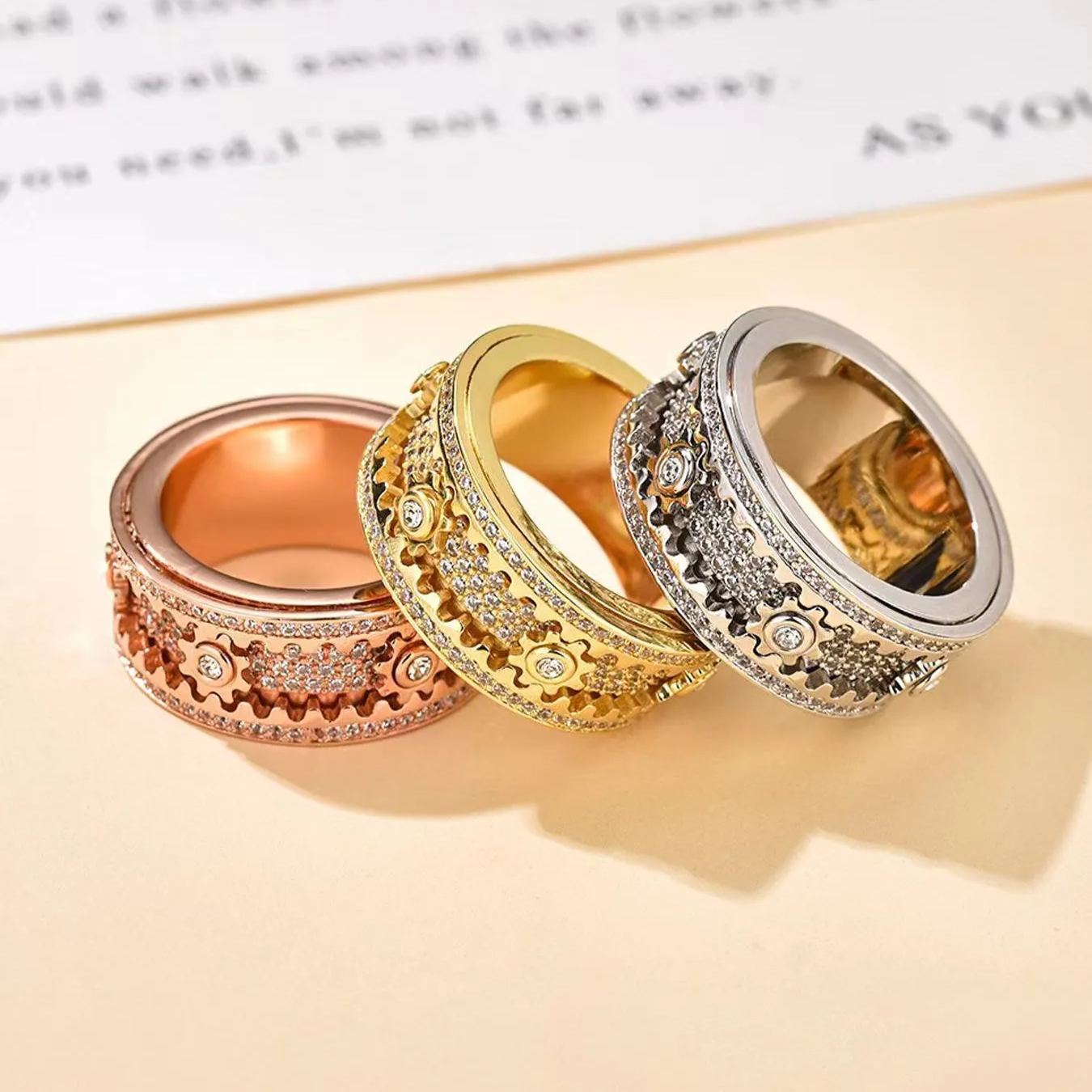 Full CZ Rotating Gear Starry Ring – Luxury Wide Band
