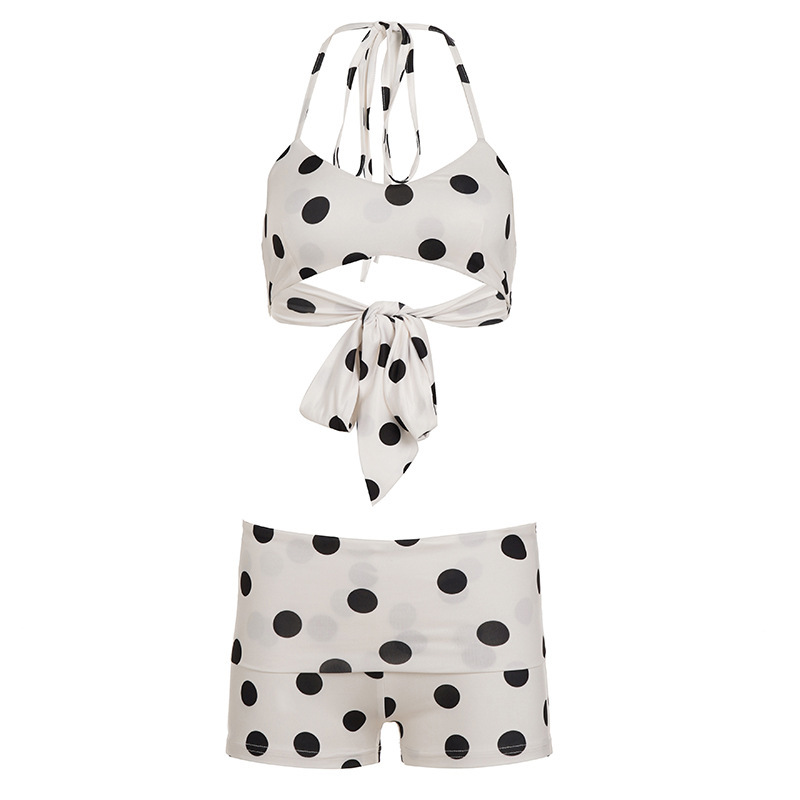 Classic Black & White Polka Dot Halter Swimwear Set with Short Bottom
