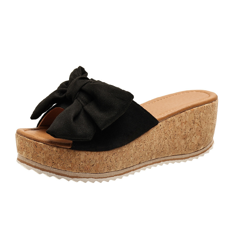 Womens Bow Knot Platform Wedge Sandals – Cork Sole Slip-On Summer Slides