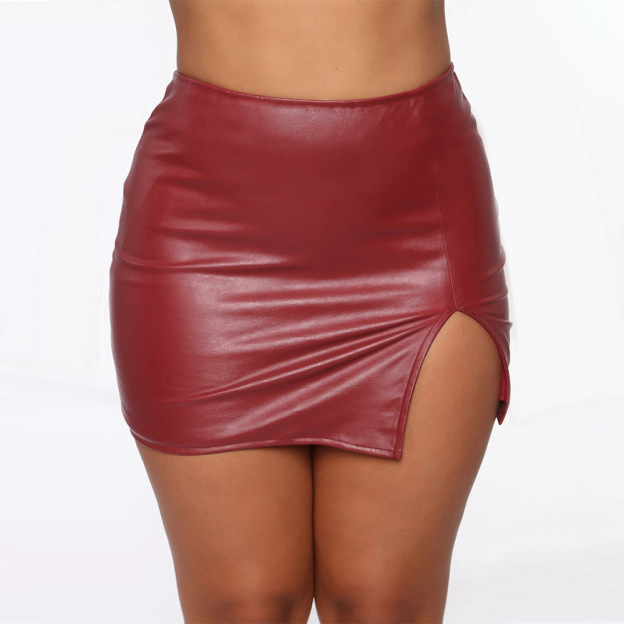PU Leather High-Waist Bodycon Mini Skirt with Front Slit