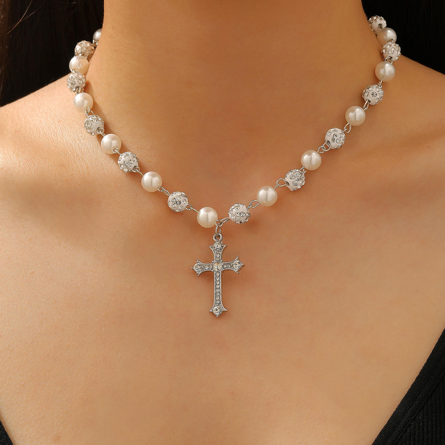 Elegant Pearl Cross Pendant Necklace