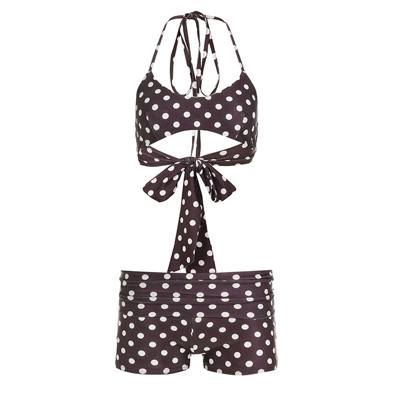 Classic Black & White Polka Dot Halter Swimwear Set with Short Bottom
