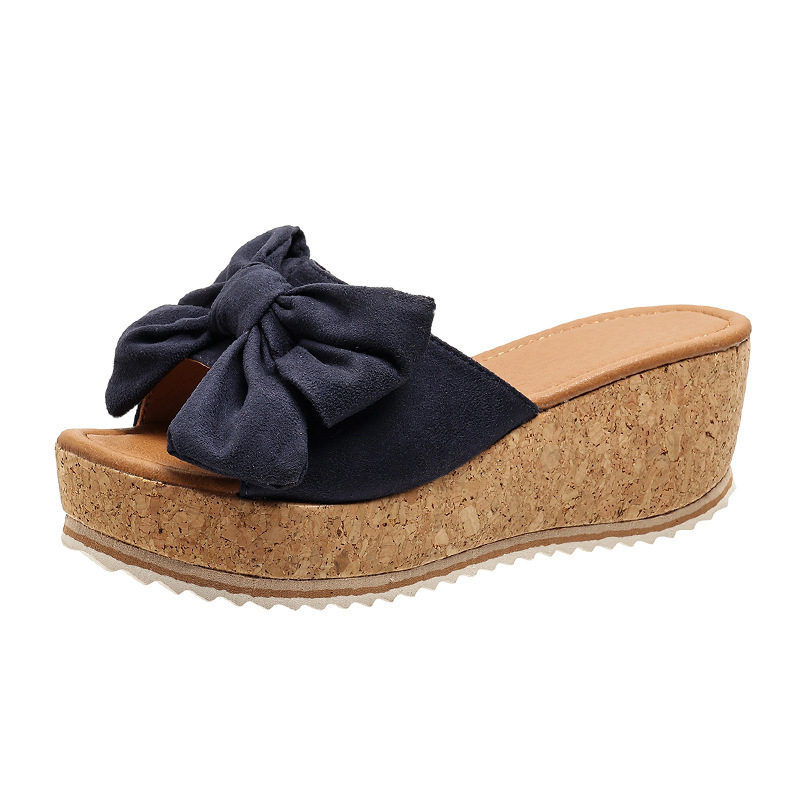 Womens Bow Knot Platform Wedge Sandals – Cork Sole Slip-On Summer Slides