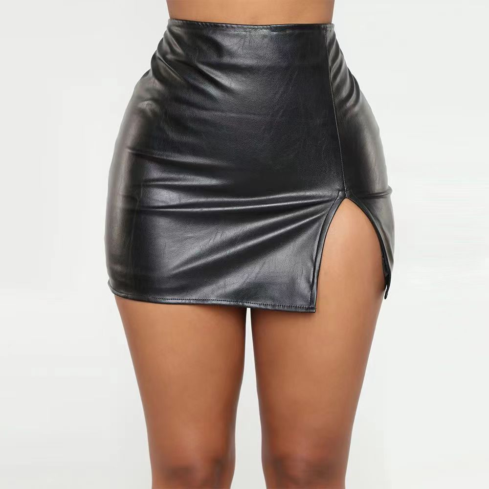 PU Leather High-Waist Bodycon Mini Skirt with Front Slit