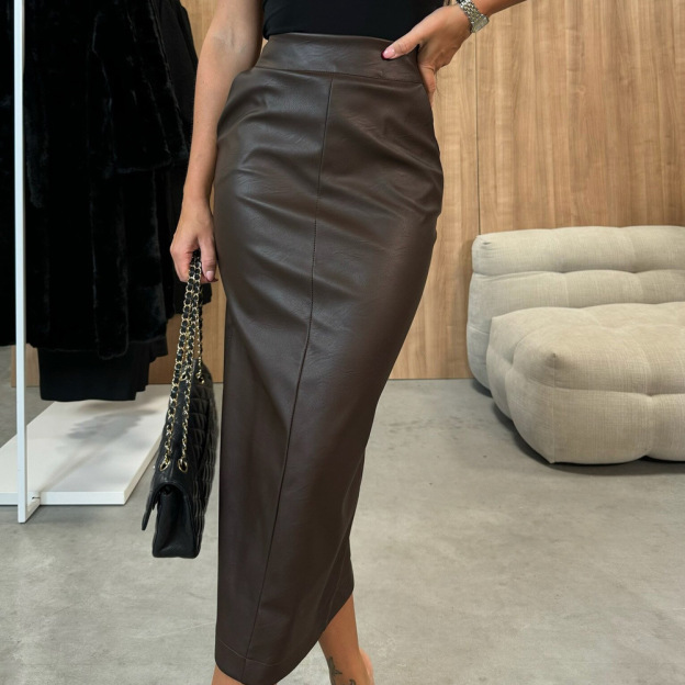 High-Waist Split PU Bodycon Skirt with Pockets