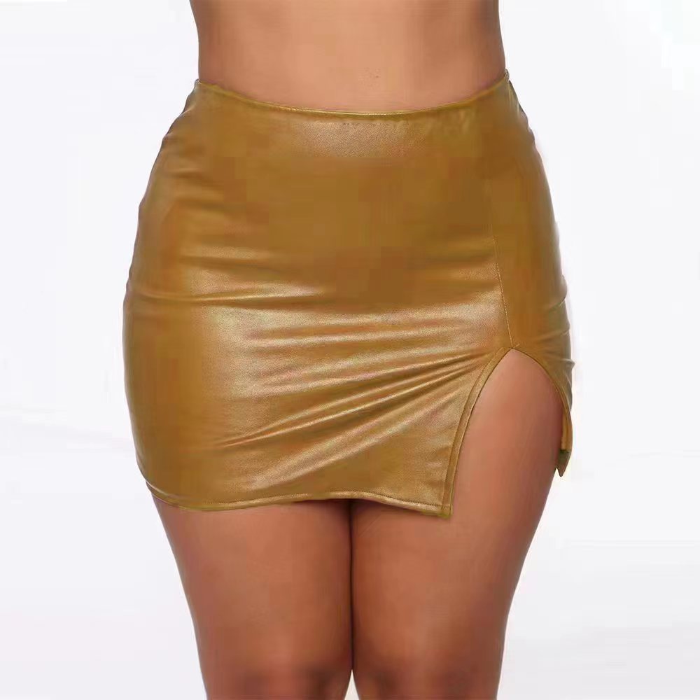 PU Leather High-Waist Bodycon Mini Skirt with Front Slit