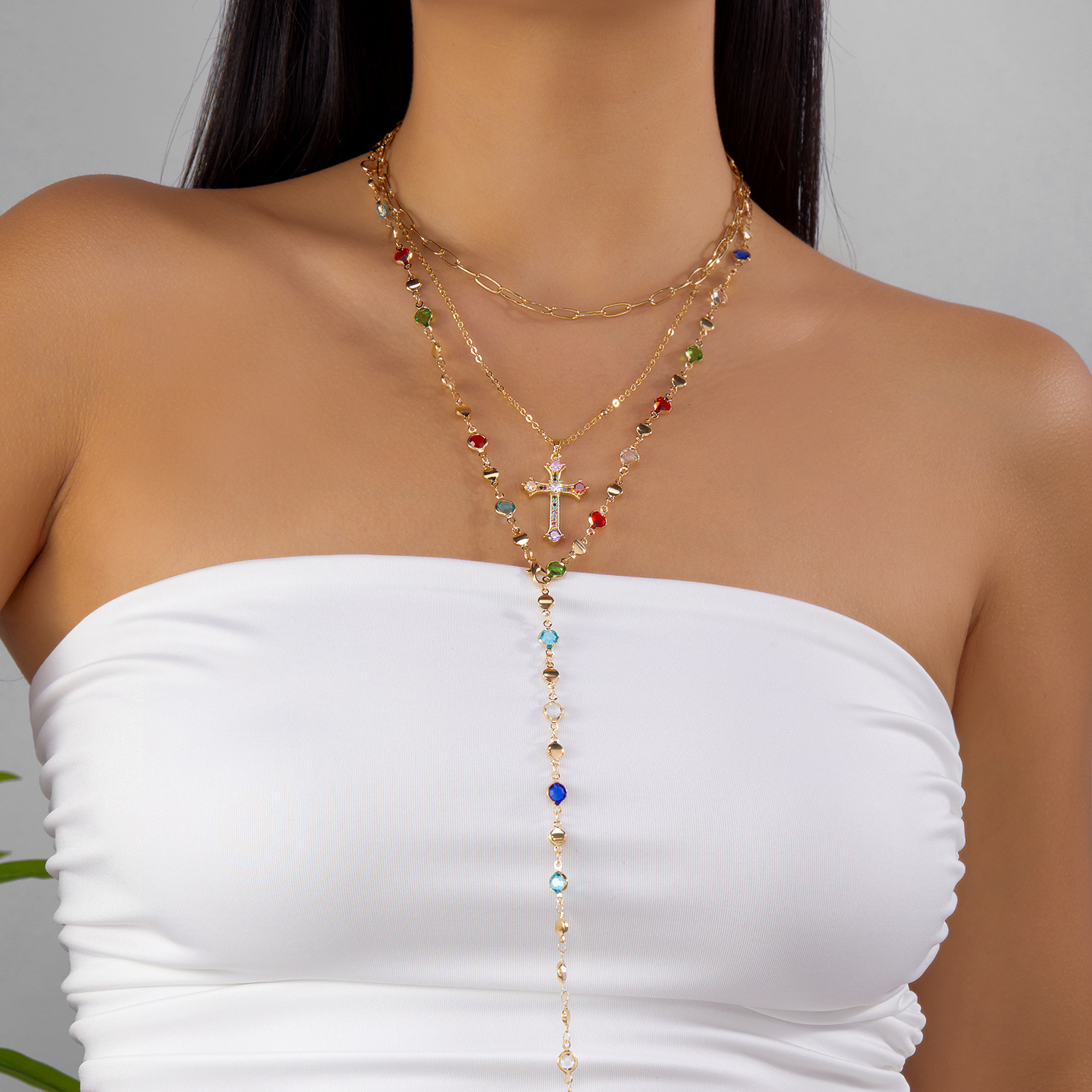 Vintage Luxe CZ Cross Tassel Necklace