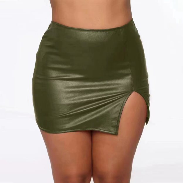 PU Leather High-Waist Bodycon Mini Skirt with Front Slit
