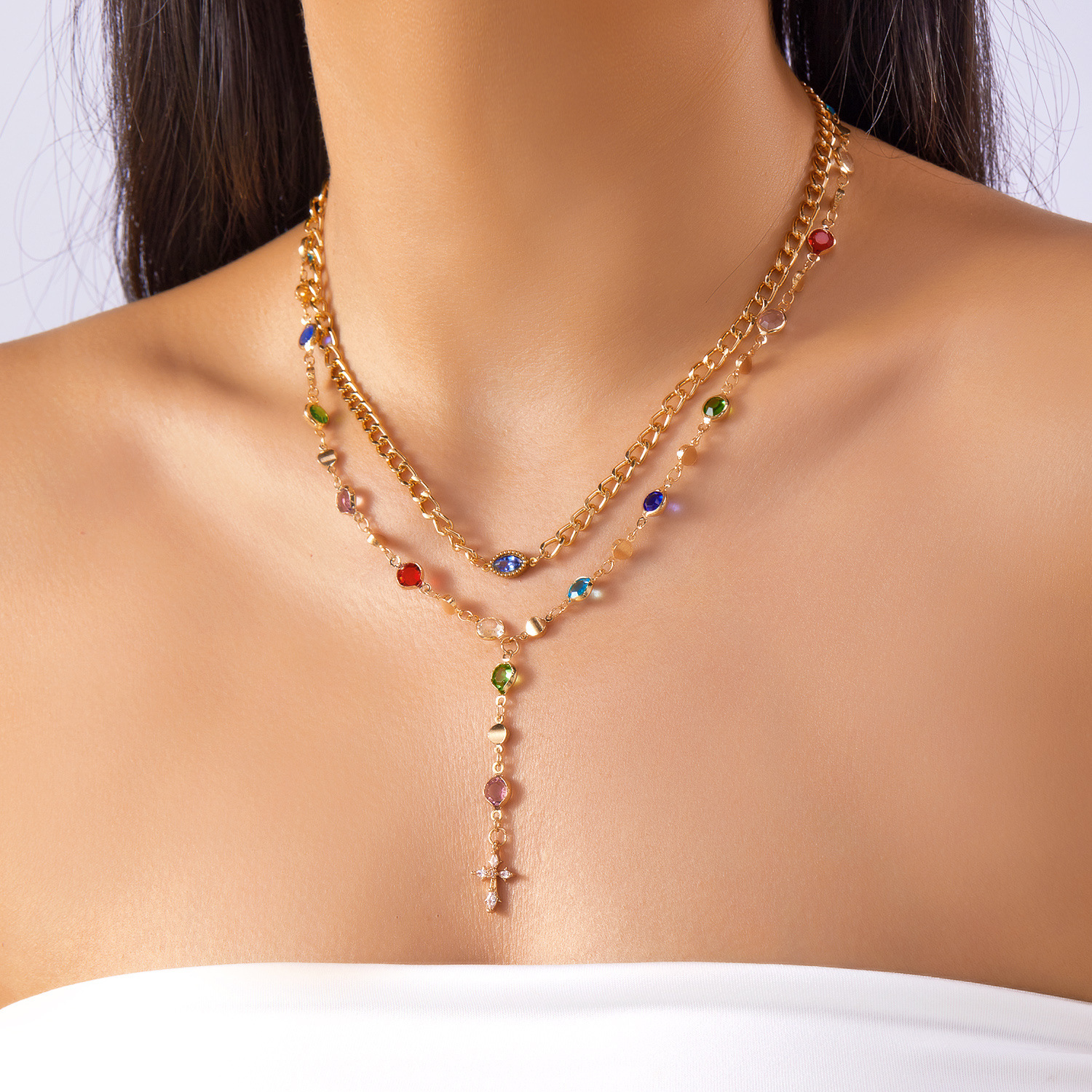 Vintage Luxe CZ Cross Tassel Necklace