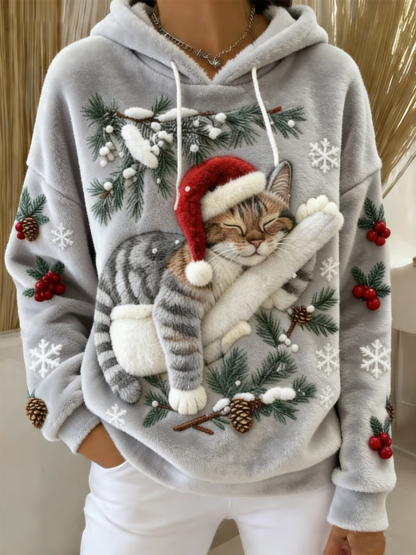 Women's Cute Christmas Cat Art Print Casual Flannel Hoodie