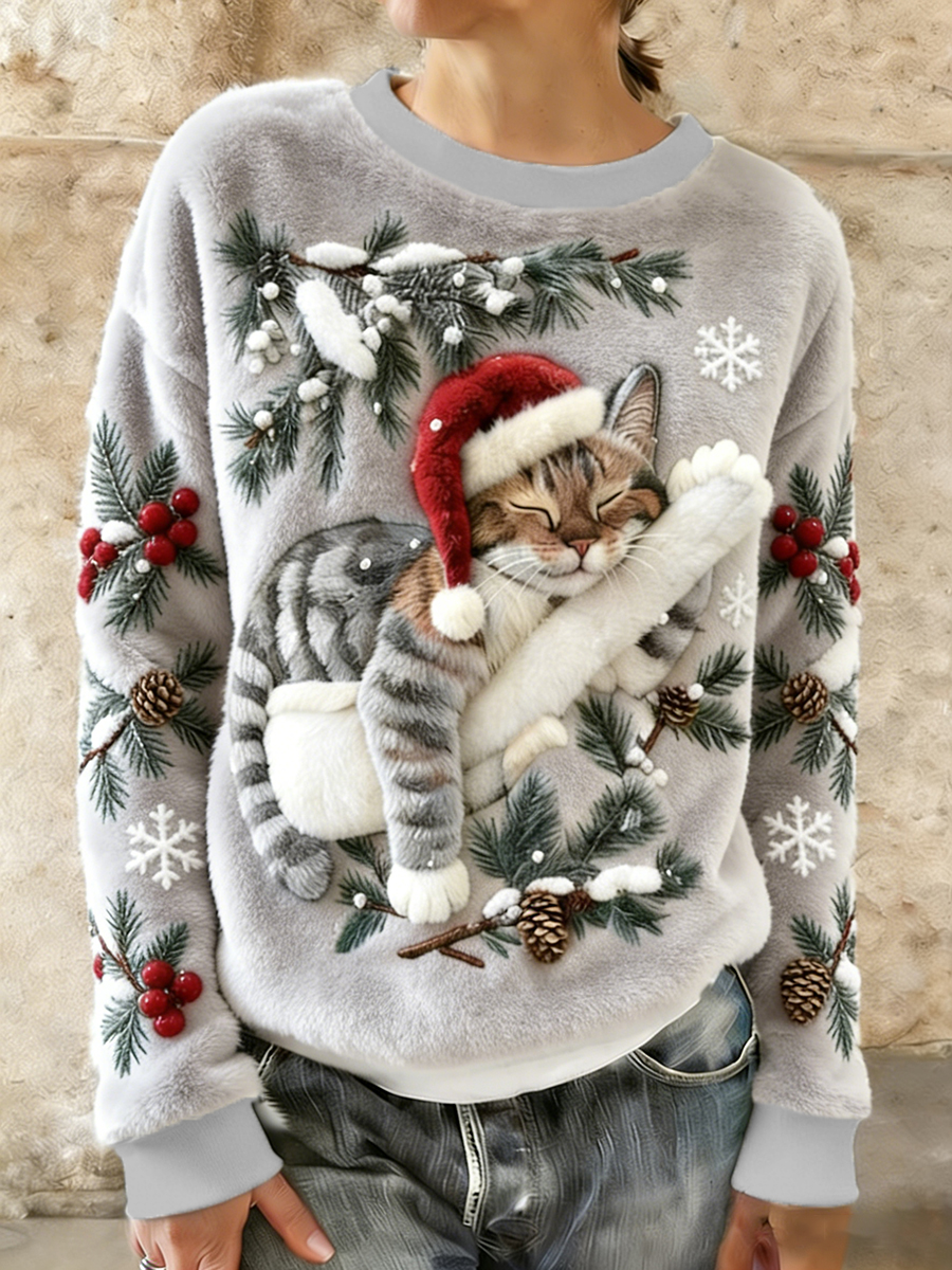 Women's Cute Christmas Cat Art Print Casual Flannel Hoodie