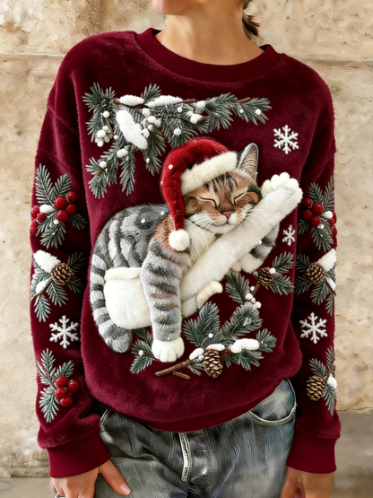 Women's Cute Christmas Cat Art Print Casual Flannel Hoodie