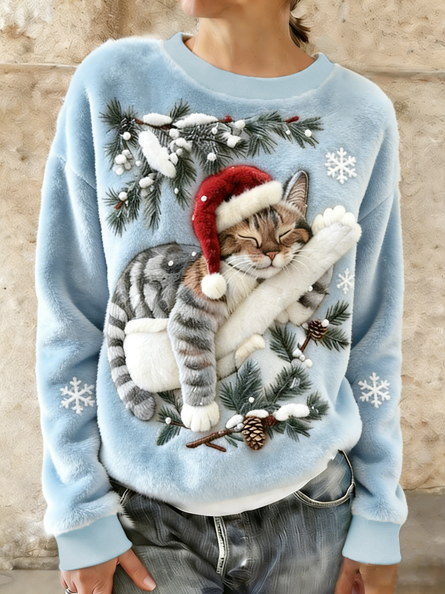 Women's Cute Christmas Cat Art Print Casual Flannel Hoodie