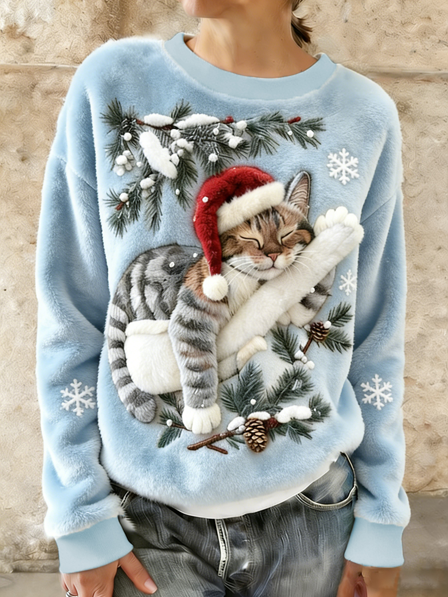 Women's Cute Christmas Cat Art Print Casual Flannel Hoodie