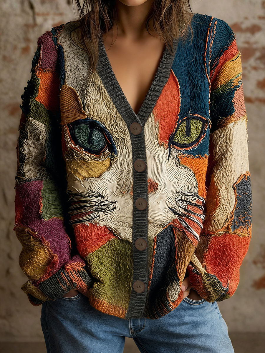 Women's Cat Geometric Art Print Cardigans