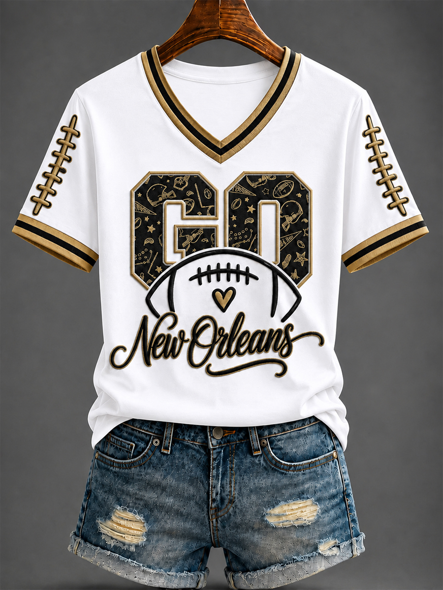 Women's America Football Printed V-neck T-shirt
