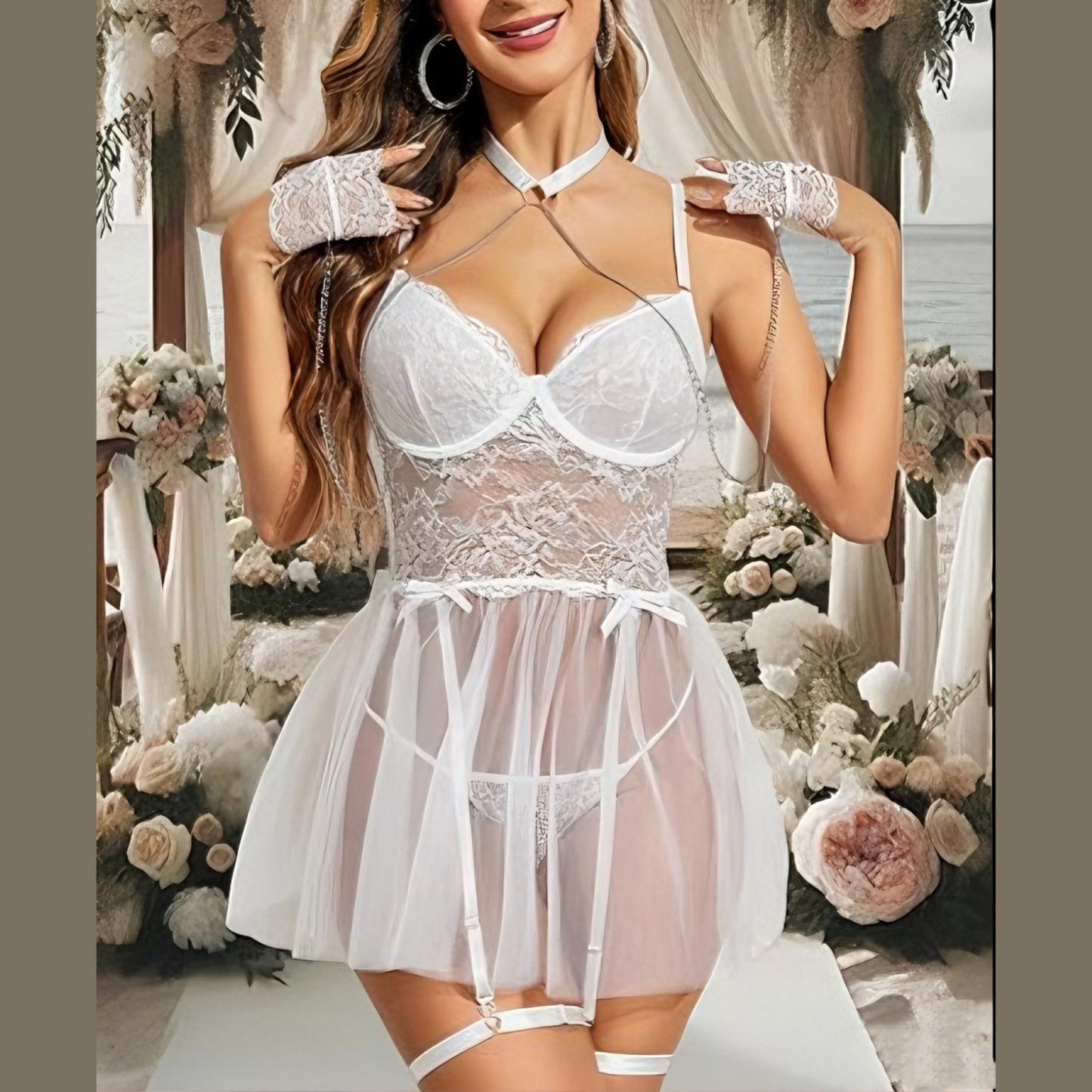 Lace Babydoll Lingerie Set for Women – Wire-Free Nightwear with Garter & Chain Detail | Sexy Sleepwear for Romantic Nights