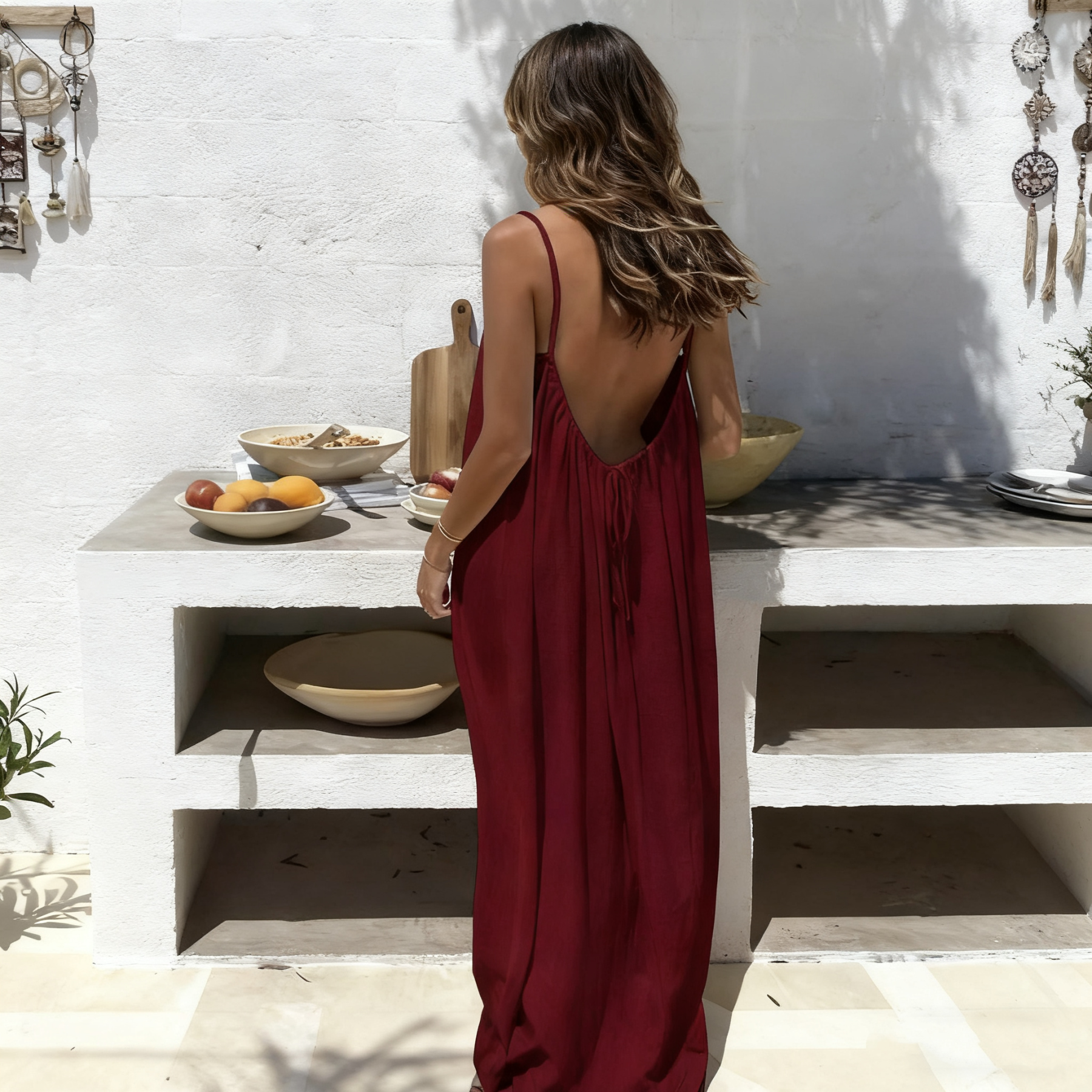 Women's New Backless Loose-Fit Long-Length Spaghetti Strap Home Wear Dress