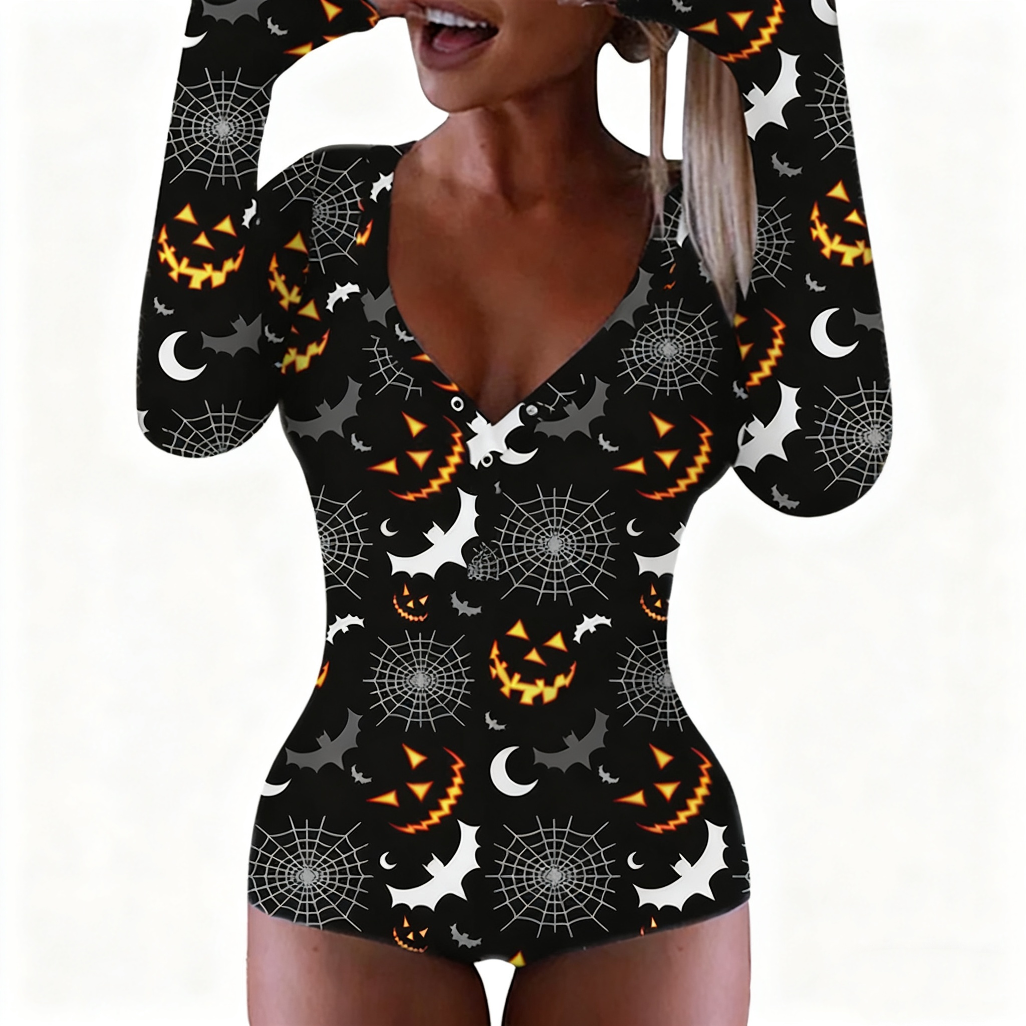 Halloween Print Long Sleeve Sexy V-Neck Button Bodysuit