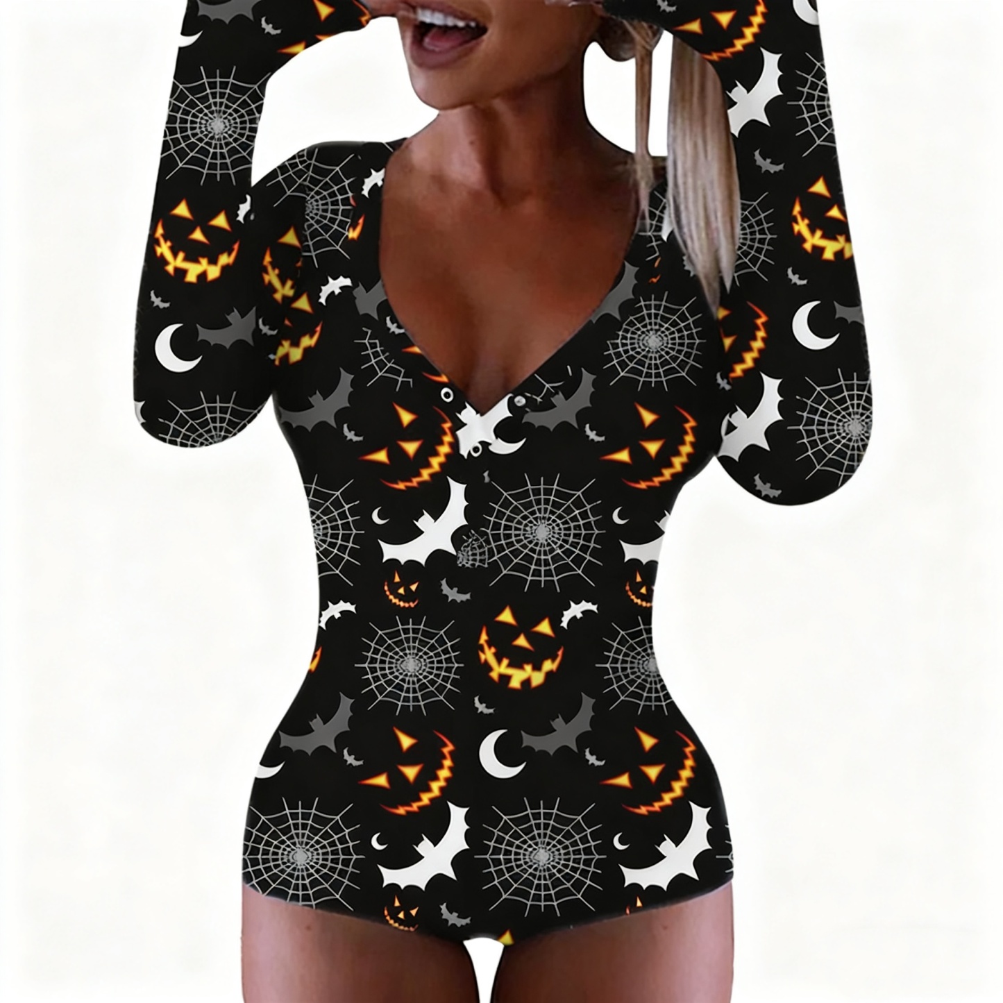 Halloween Print Long Sleeve Sexy V-Neck Button Bodysuit
